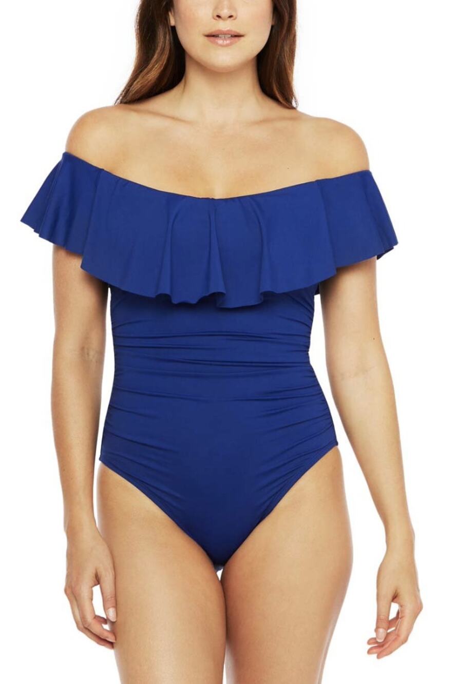 La Blanca Tummy Control Ruffle Off Shoulder One Piece Swim Womens 4 Blue Island